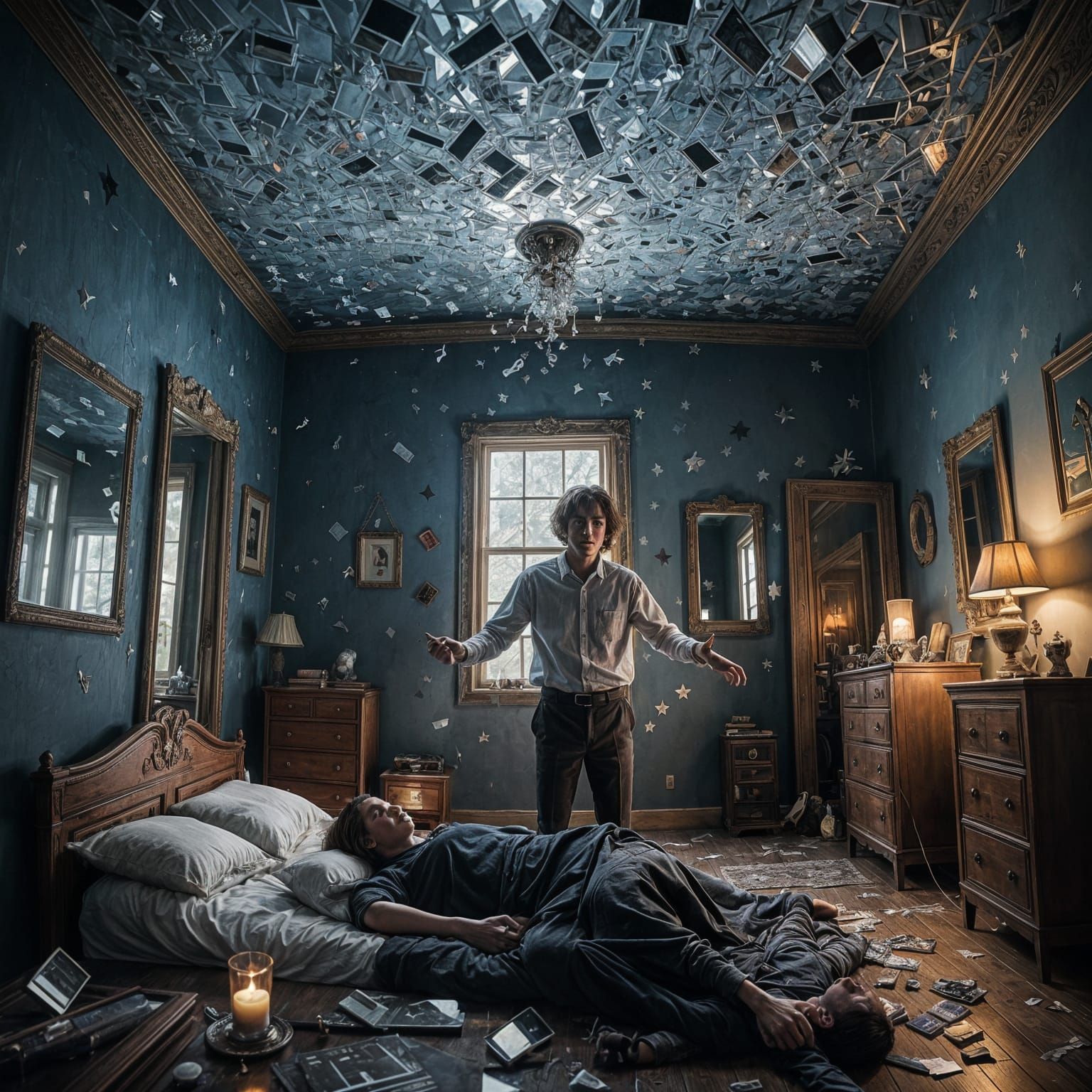 Surreal Nightmare Bedroom with Mirror Reflection