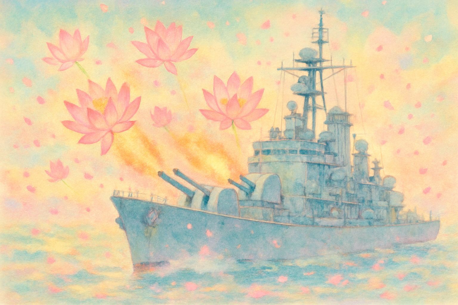 Navy Warship Launches Lotus Flowers: Digital Illustration
