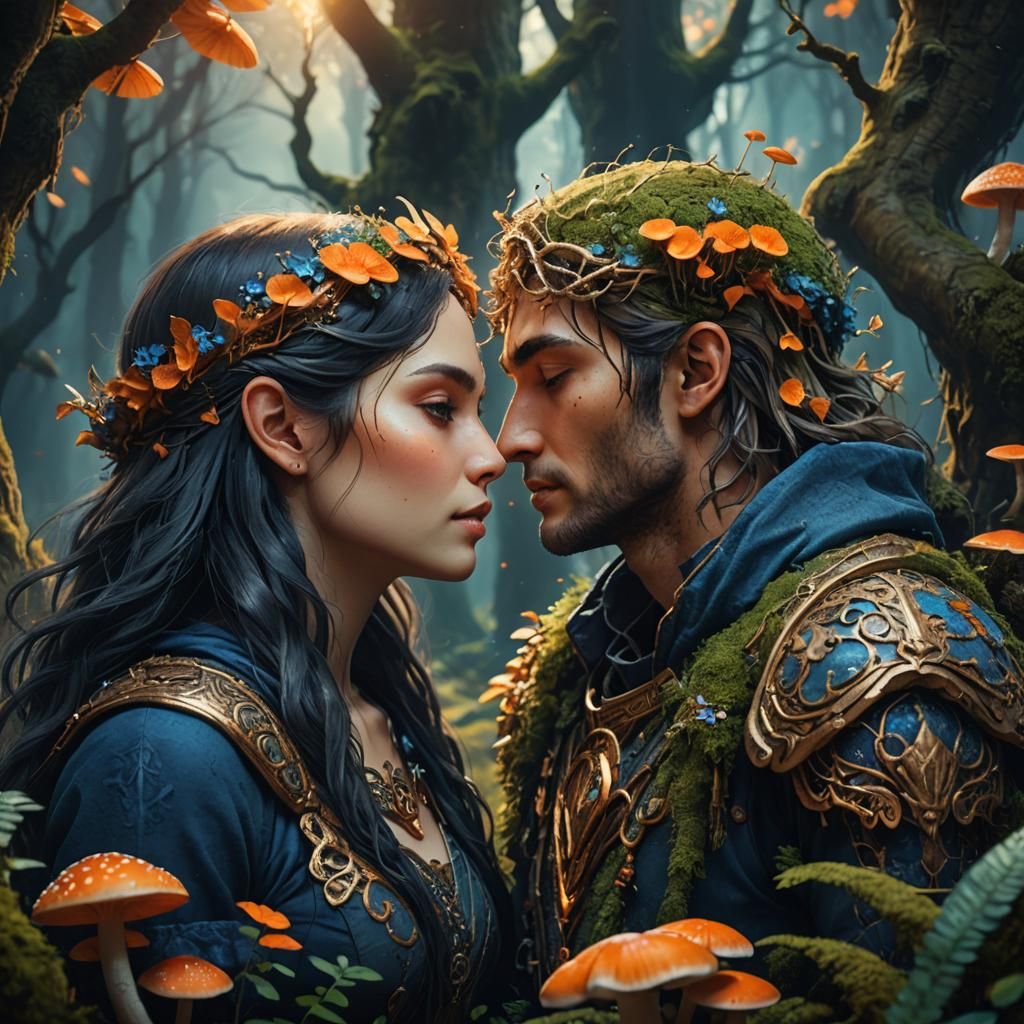 Enchanted Forest: Couple's Forehead Kiss in Dreamlike Scene