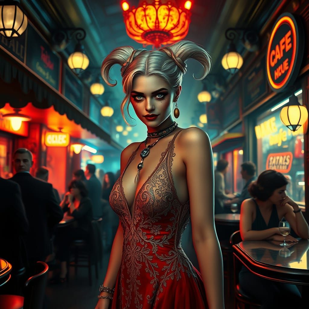 Harley Quinn in 1920s Cafe: Art Nouveau Style