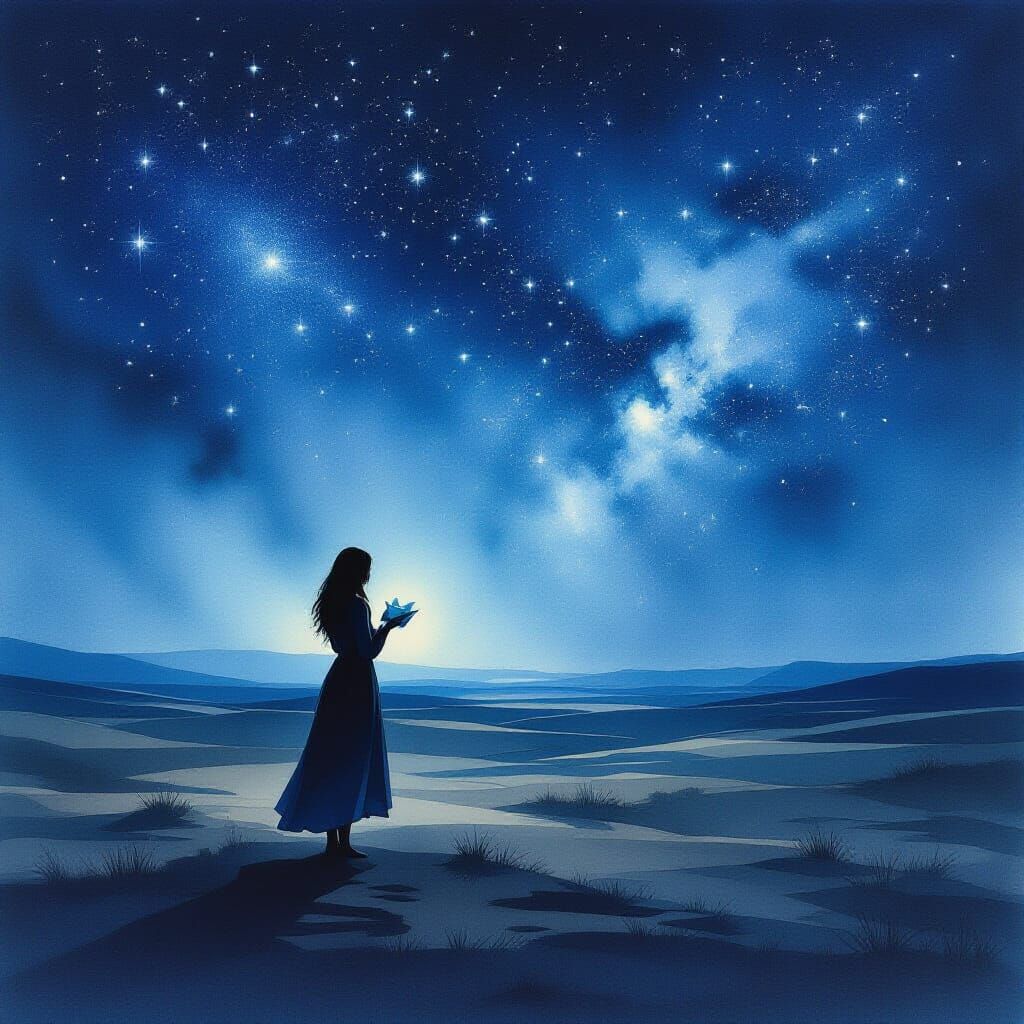 Solitary Woman with Origami Frog Under Starlit Sky