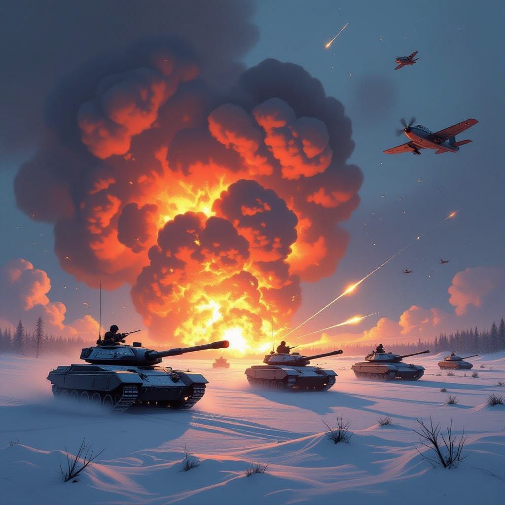 Futuristic Snow Battlefield Engulfed in Fiery Explosions