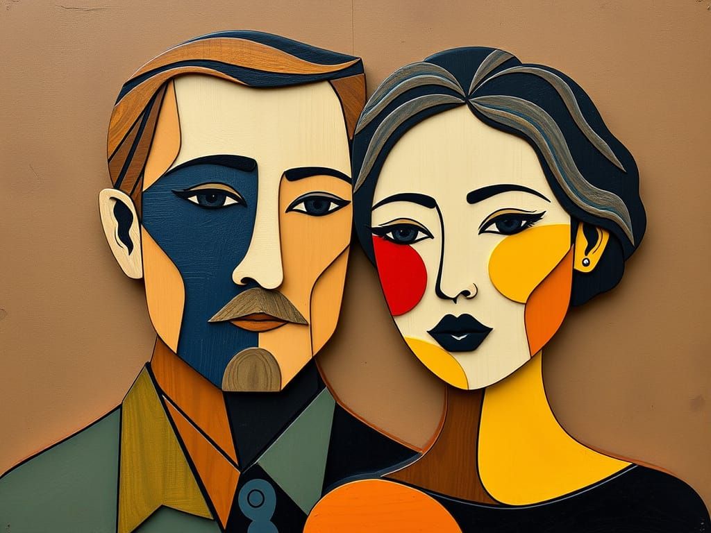 Abstract Wood Couple Portrait in Modern Art Style