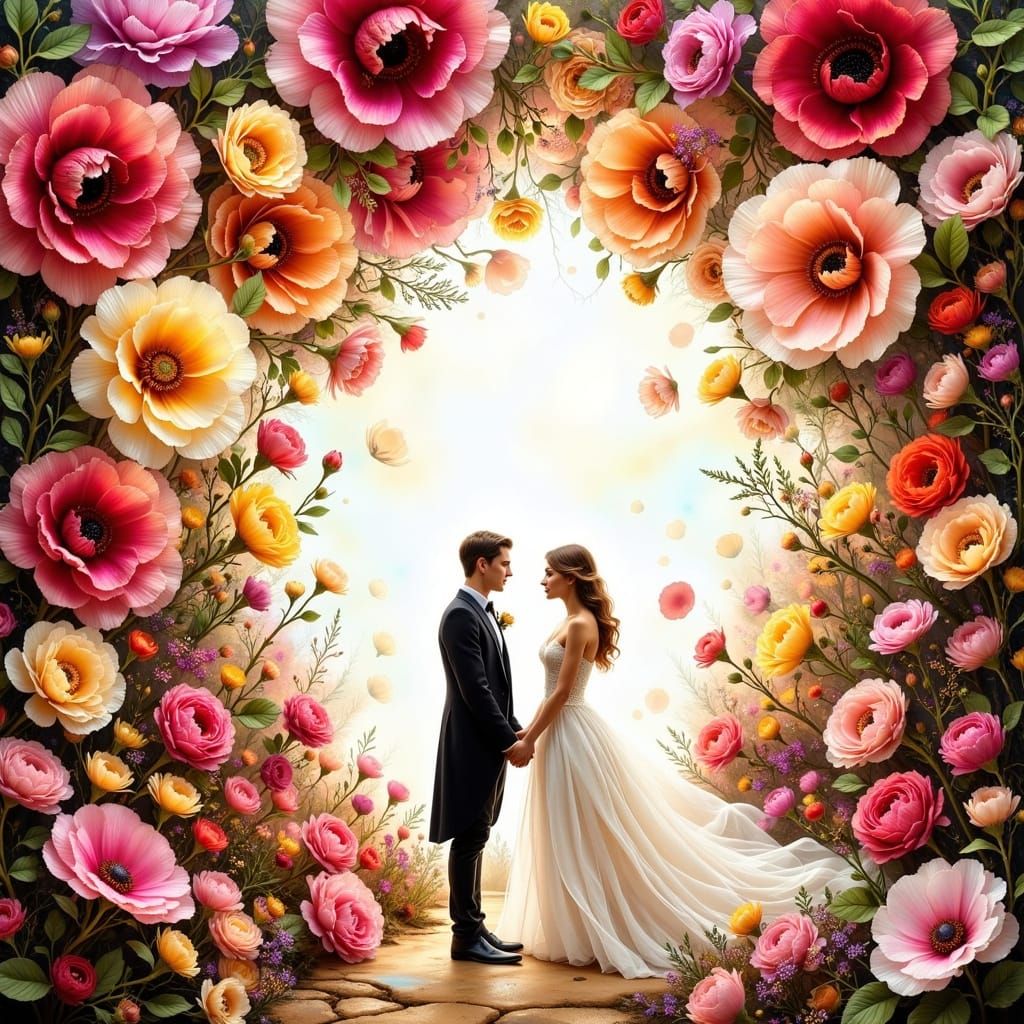 Whimsical Fairy Tale Wedding Scene in Floral Paradise