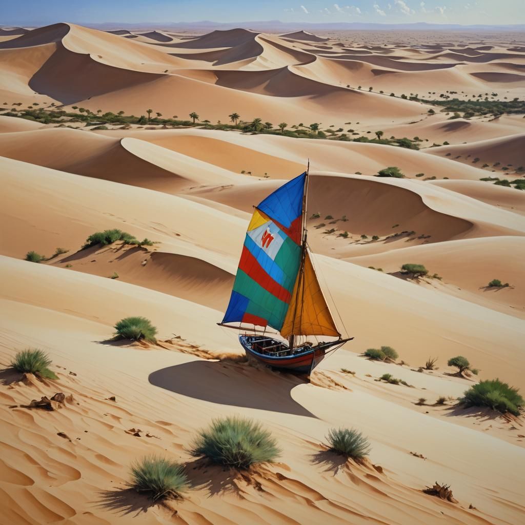 Colorful Dhow Soaring Over Desert Dunes as Oil Painting