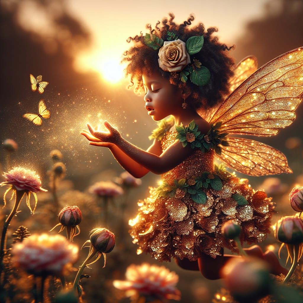 Tiny flower fairy making flowers bloom