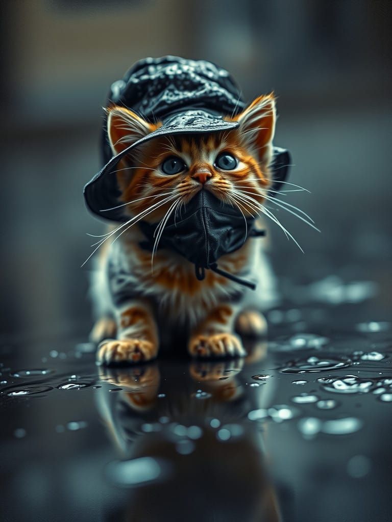 Whiskered Kitten in Dramatic, Rain-Soaked Mask
