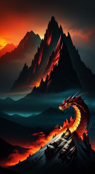 Majestic Black Dragon on Mountain Peak at Sunset