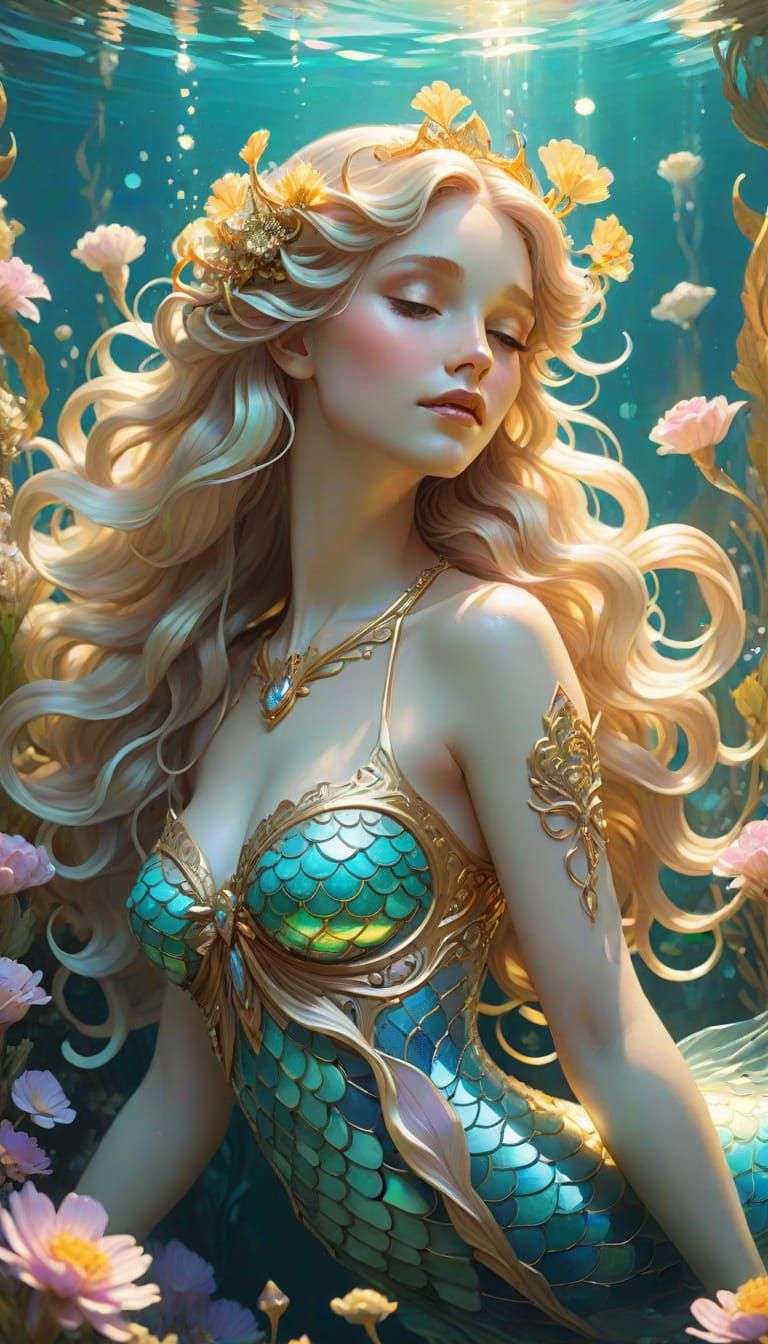 Undersea Mermaid Goddess in Art Nouveau Style