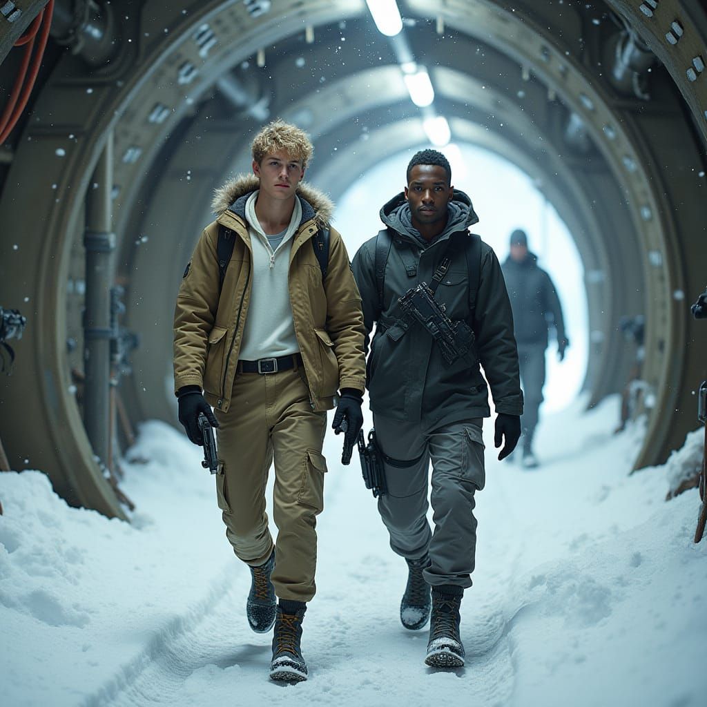 Men in Snowy Tunnel: Photorealistic Digital Art