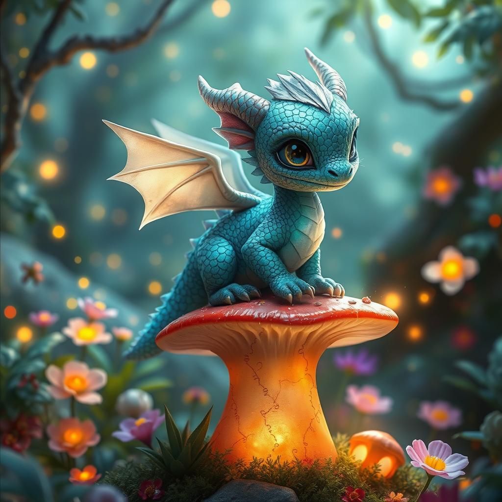 Dragon on Glowing Mushroom in Ethereal Forest
