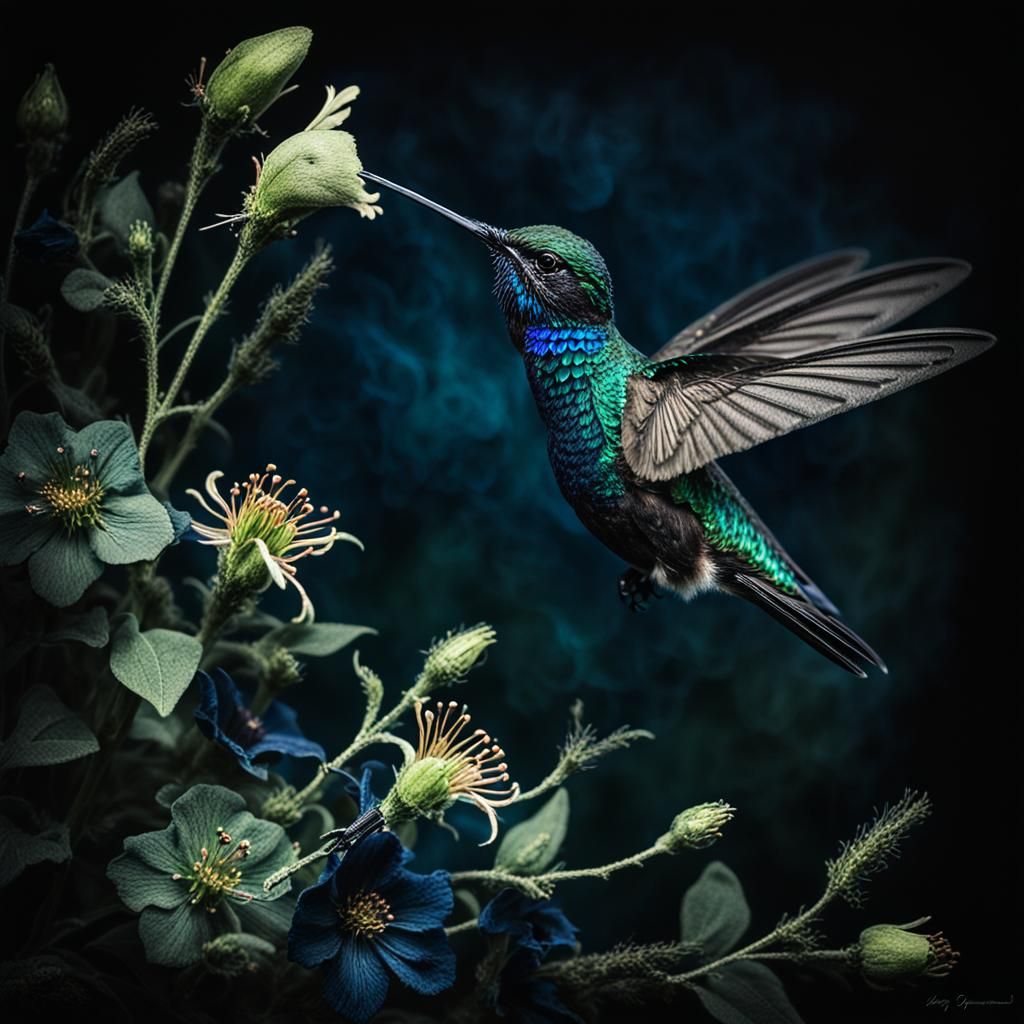 Hummingbird and Twisted Flowers in Gothic Dark Fantasy Style