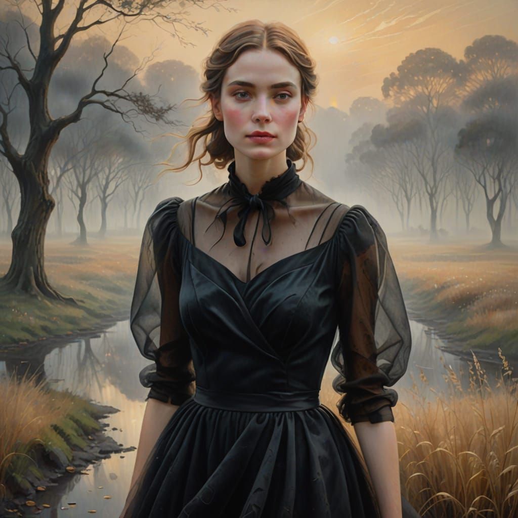 Ethereal Woman in Misty Landscape, Impressionistic Surrealis...