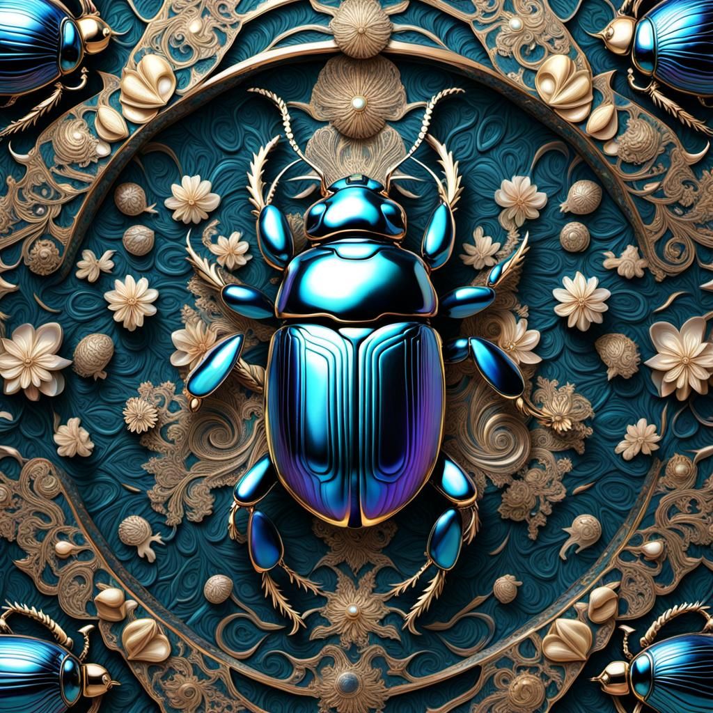 Gleaming Chrome Scarabs on Chinese Brocade