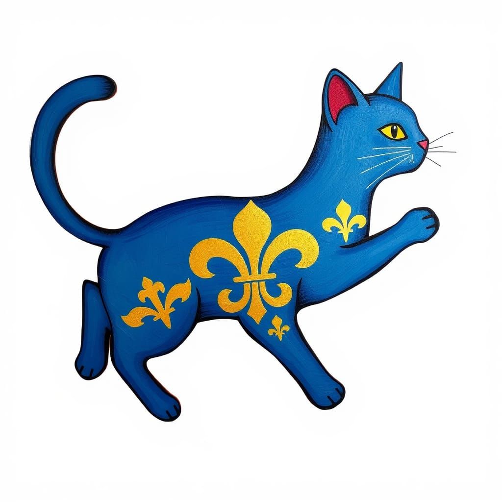 Stylized Blue Cat with Golden Fleur-de-Lis Pattern