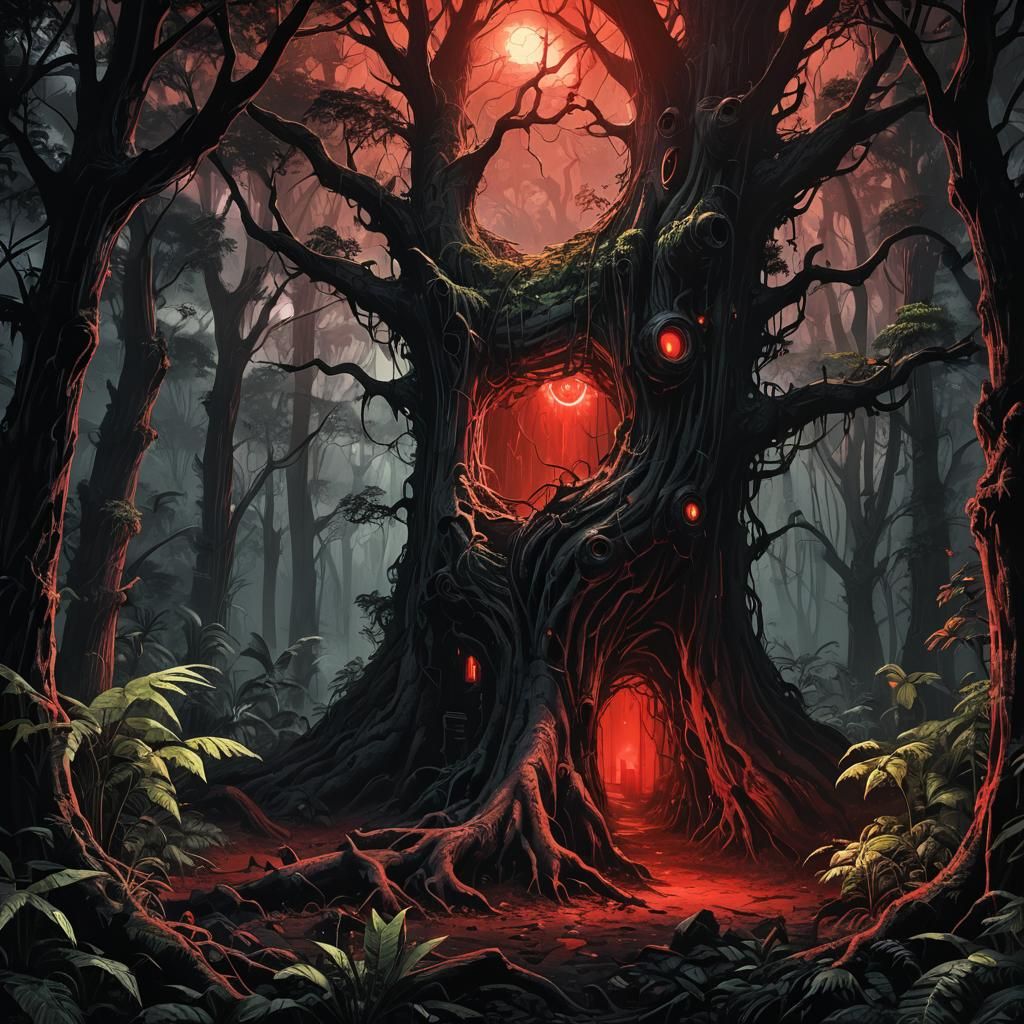 Glowing Red Tree Emits Light in Dark Jungle