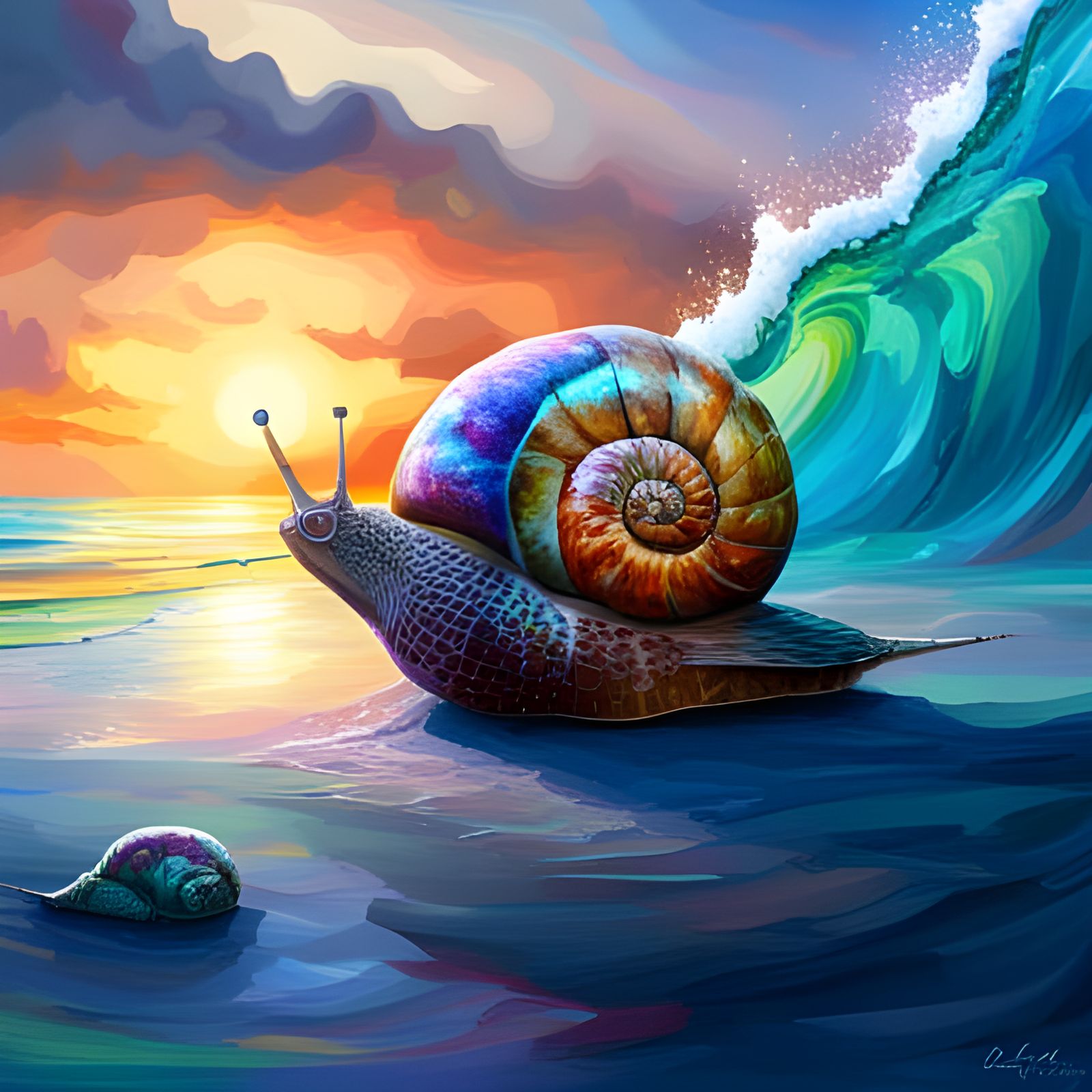 Holographic Snail on Sunny Beach, Impressionistic Style