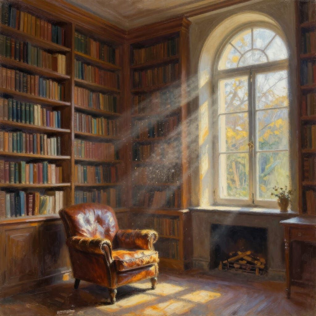 Sunlit Library Interior with Ancient Tomes in Impressionisti...