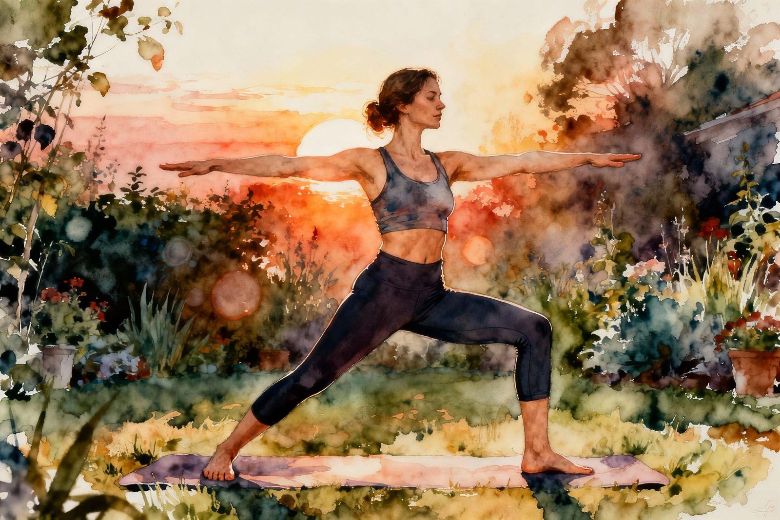 Woman Doing Yoga in Garden at Sunrise