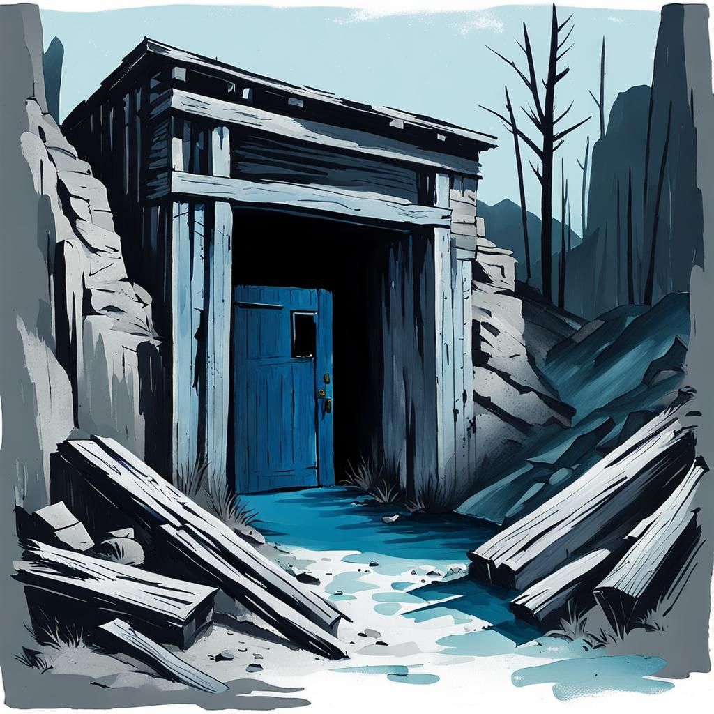Vintage Mine Entrance Drawing with Thick Brushstrokes