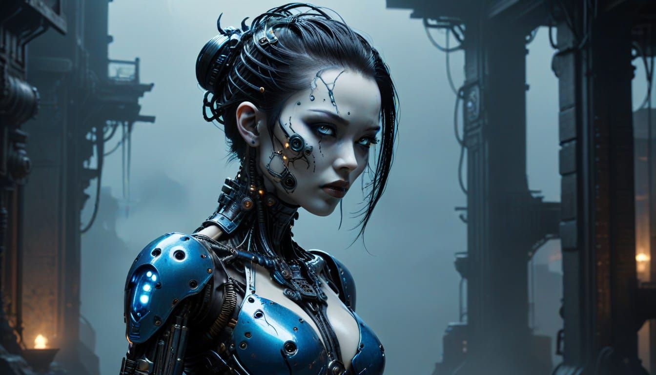 Cyberpunk Gynoid with Mechanical Joints and Neon City