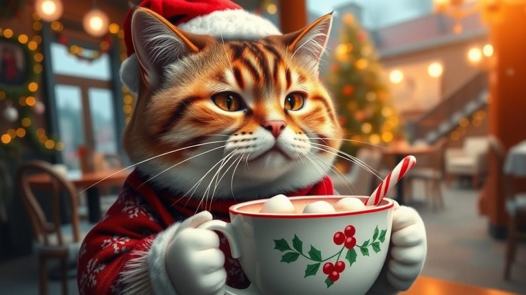 a chubby cat drinking hot chocolate