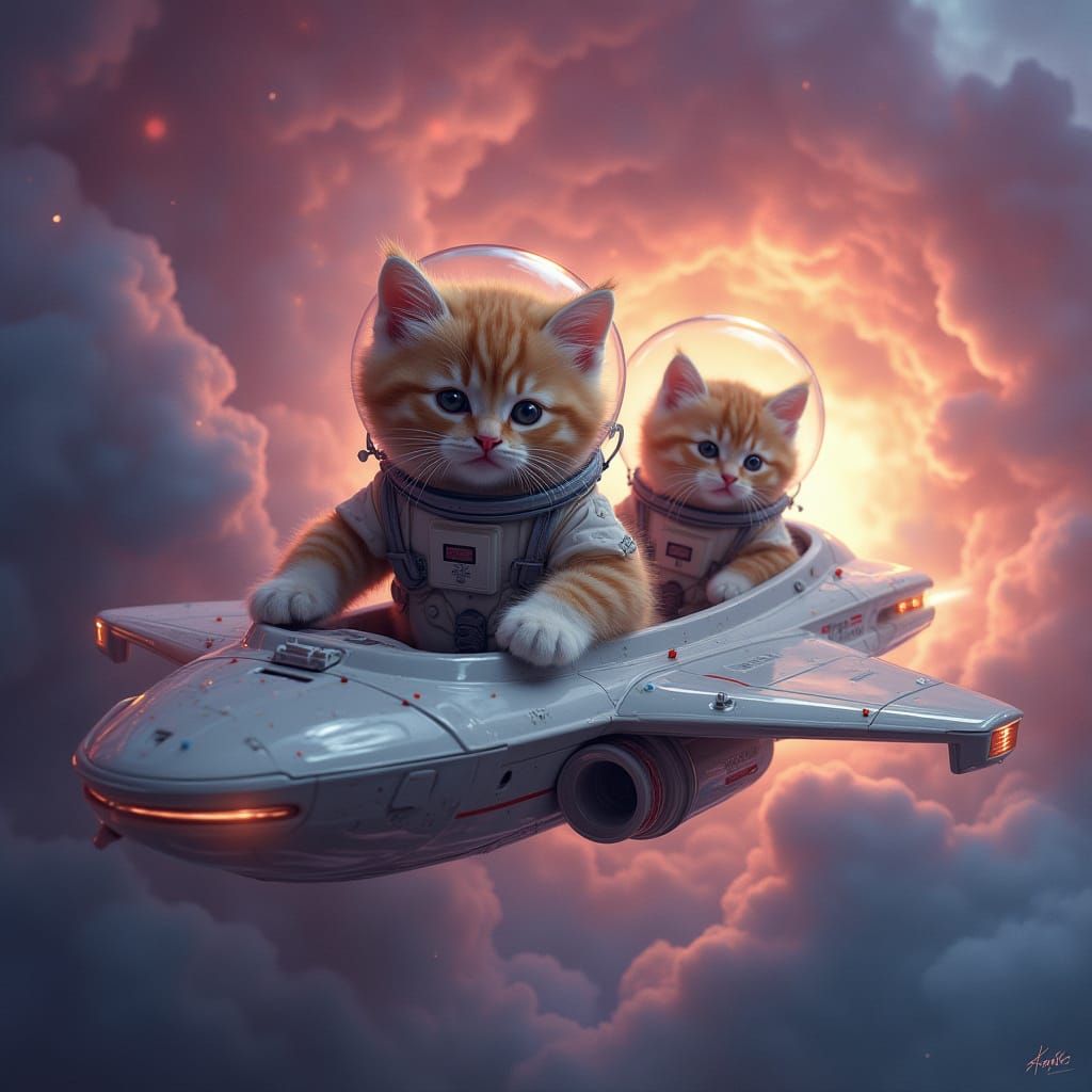 Cute Space Kittens Soar Through Vibrant Nebula