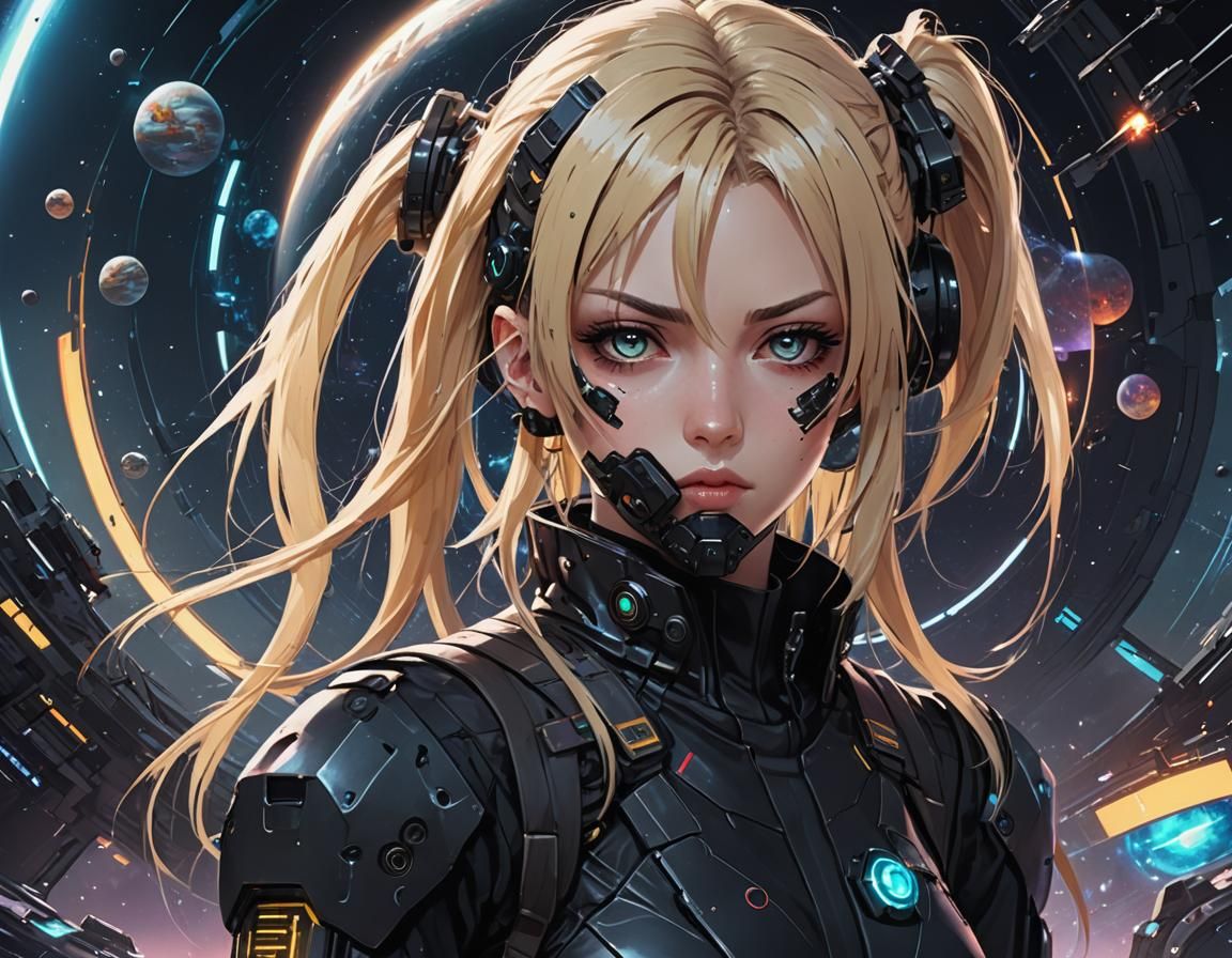 Anime Girl in Cyberpunk Suit with Space Background