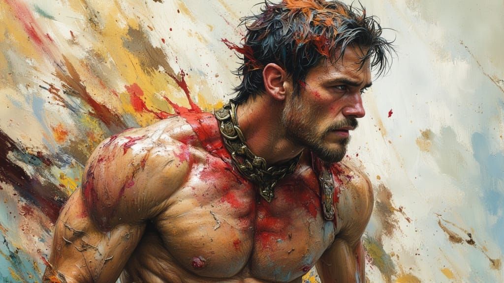 Enraged Man with Bronze Collar in Psychedelic Post-Apocalypt...