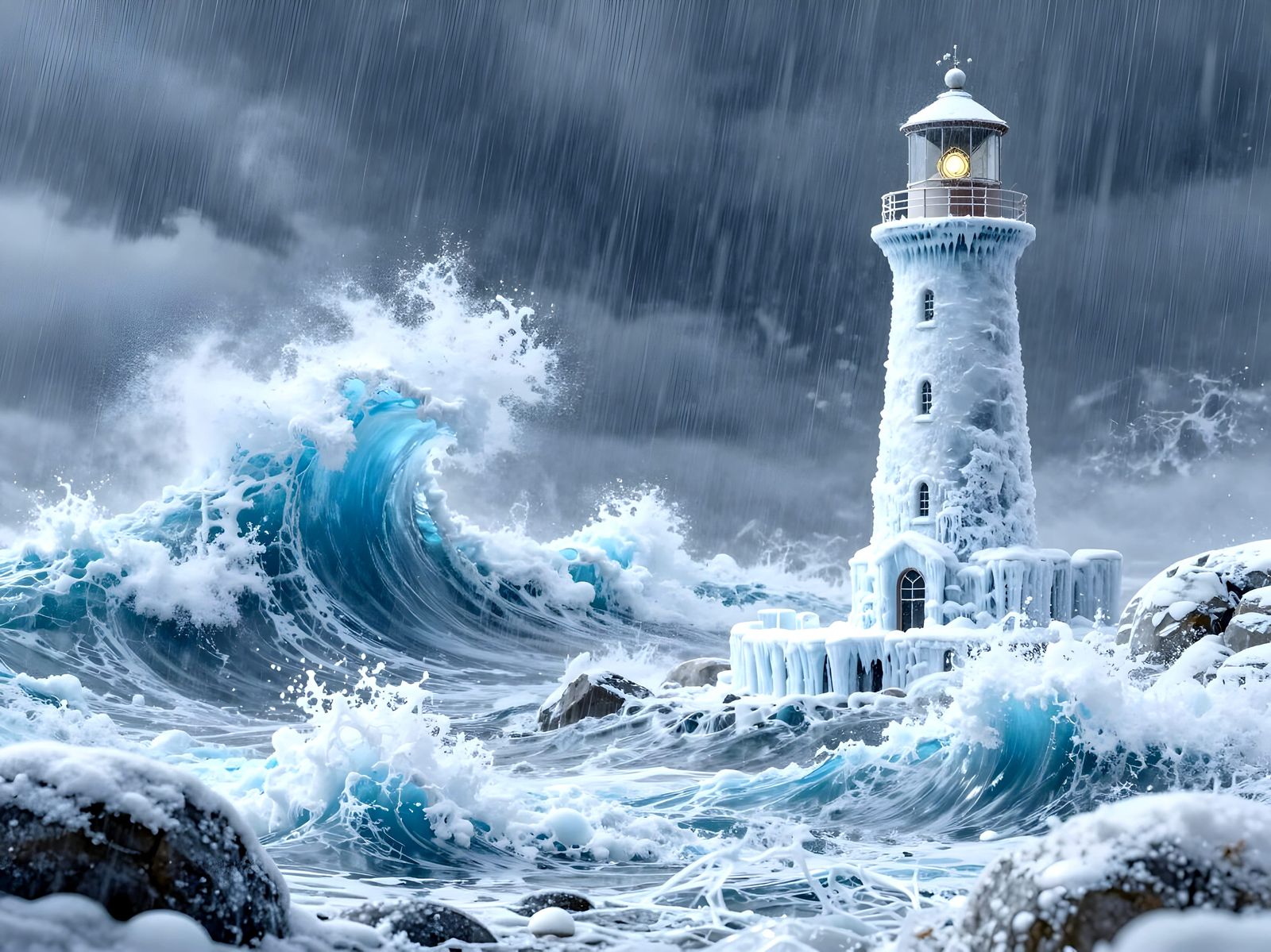 Frozen Lighthouse Battling Winter Sea Storm