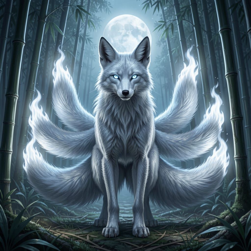 Ethereal Nine-Tailed Kitsune in Moonlit Bamboo Forest