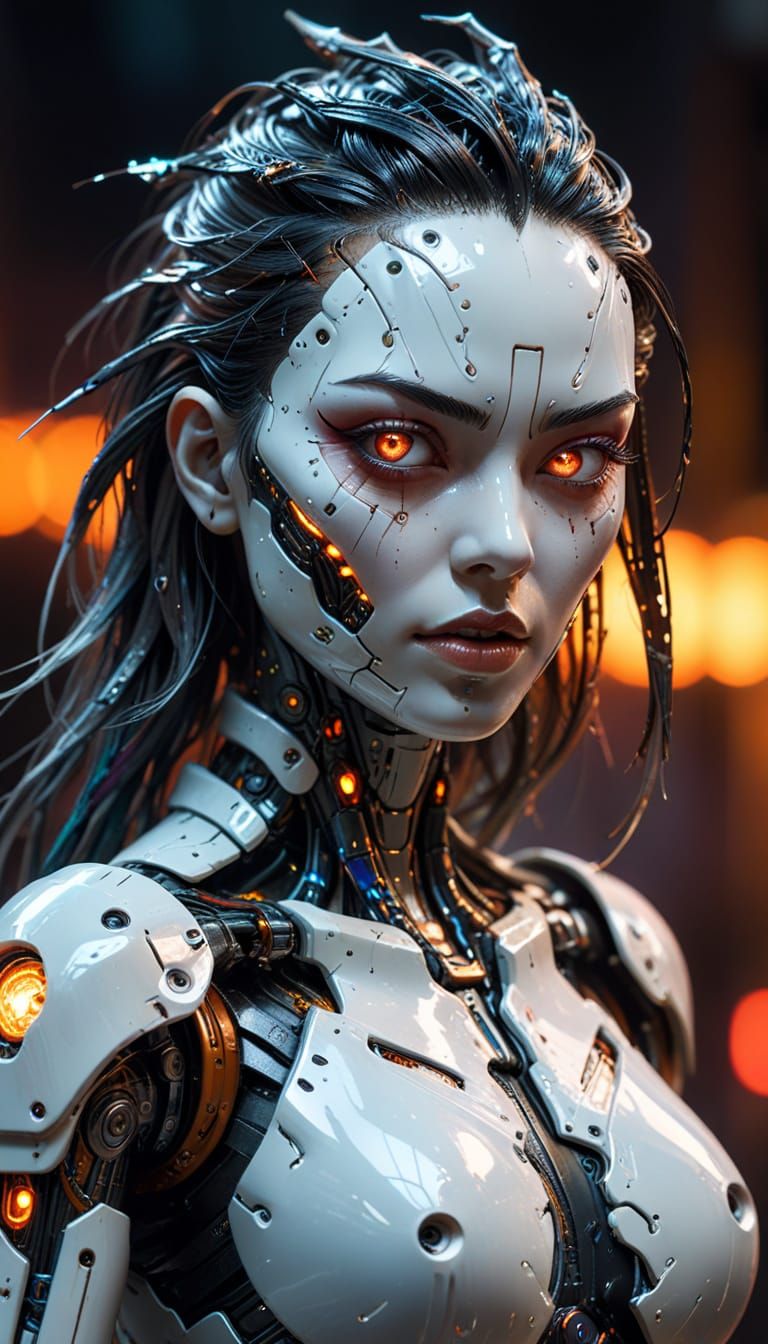 Frightening Gynoid Cyborg with Punk Hair in Cyberpunk Style