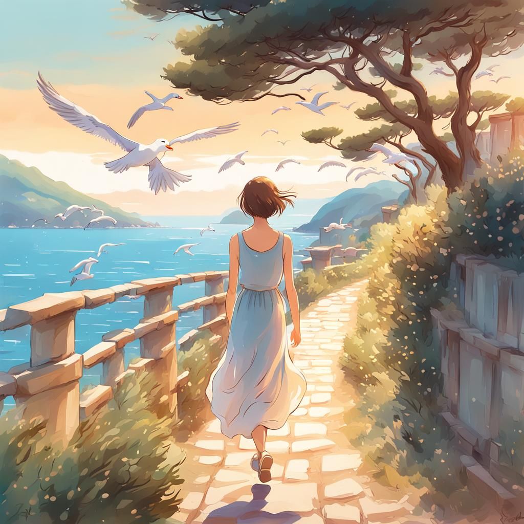 Anime Woman Walks Italian Riviera Path