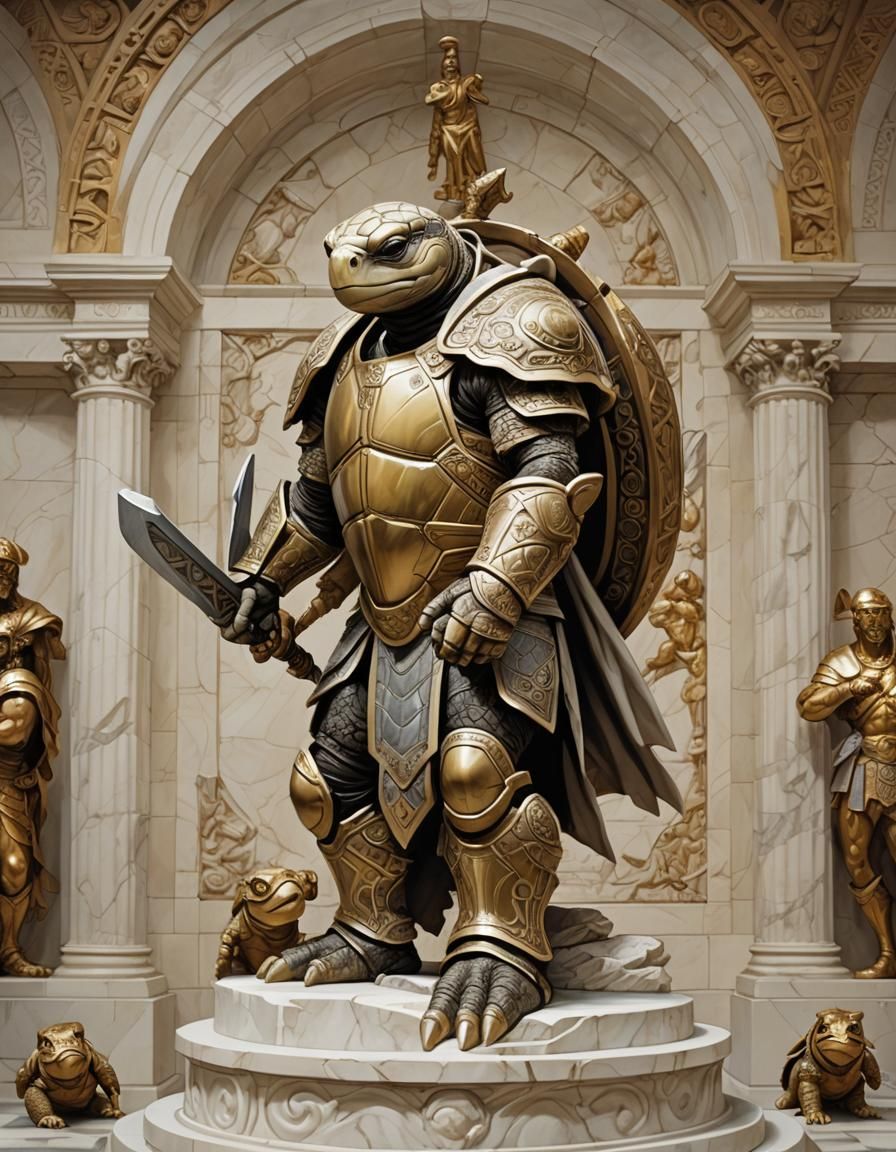 Anthropomorphic Turtle Gladiator in Museum, Comic Book Art