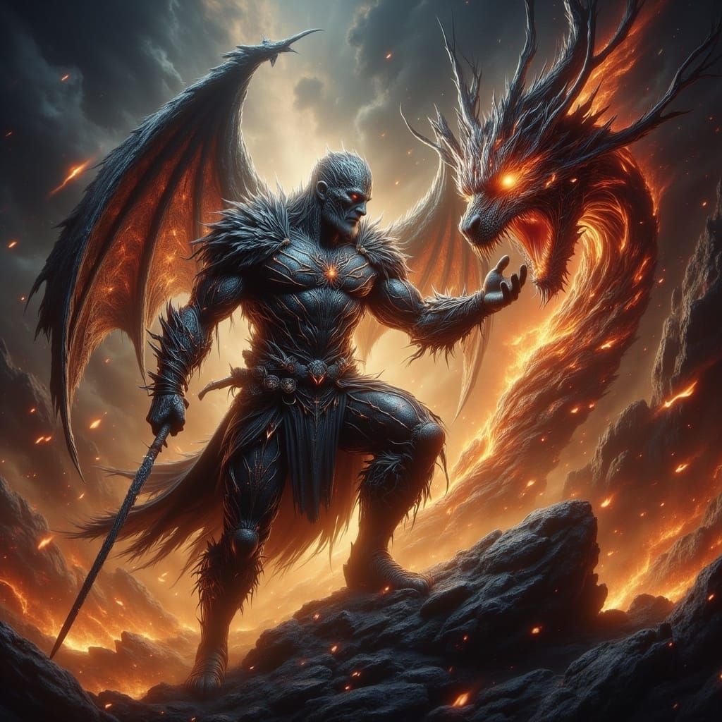 Viking Warrior Battles Dragon in Fantasy Art Style