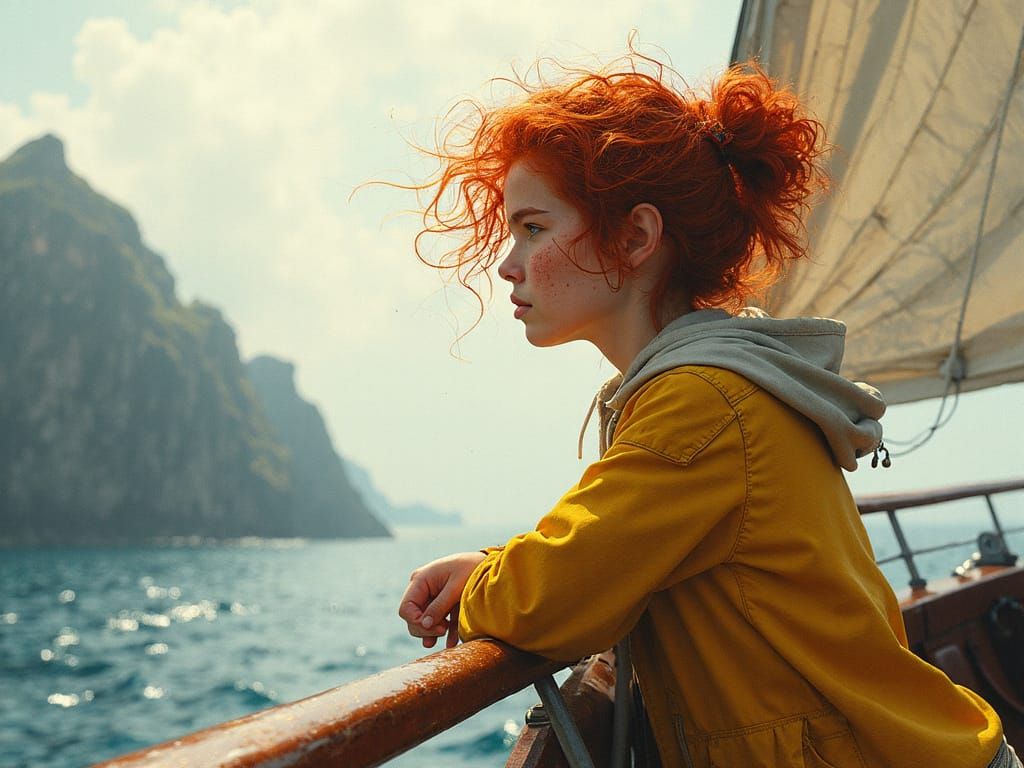 Girl on Sailboat Gazing at Misty Coast, Impasto Painting