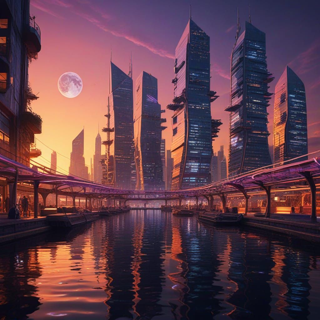 Vibrant Futuristic Cityscape at Sunset