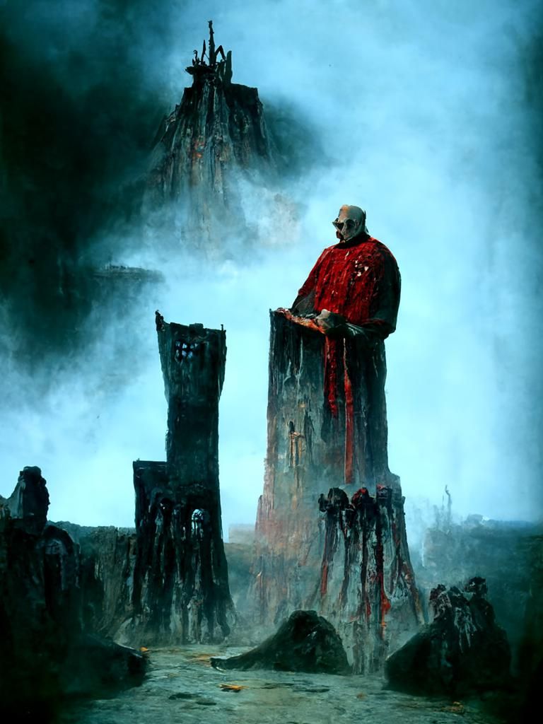 Bishop Oversees Congregation in a Surreal Landscape