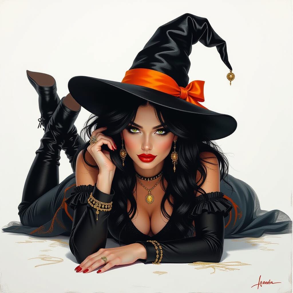 Captivating Witch with Orange Ribbon, Baroque Painting