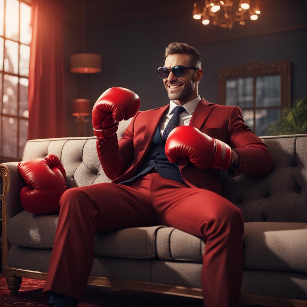 Man in Suit and Boxing Gloves, Detailed Digital Art