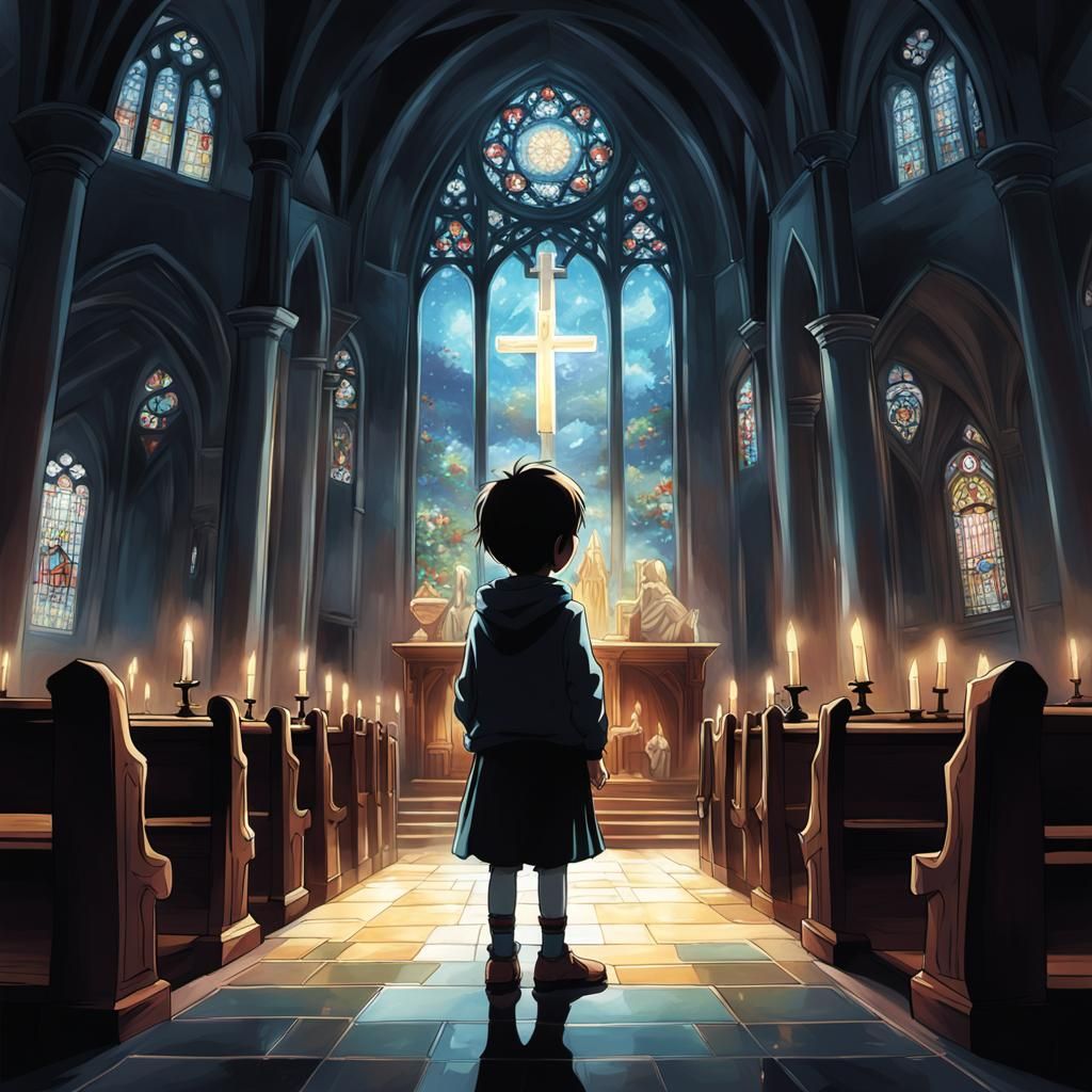 Child Praying in Church: Anime Key Visual