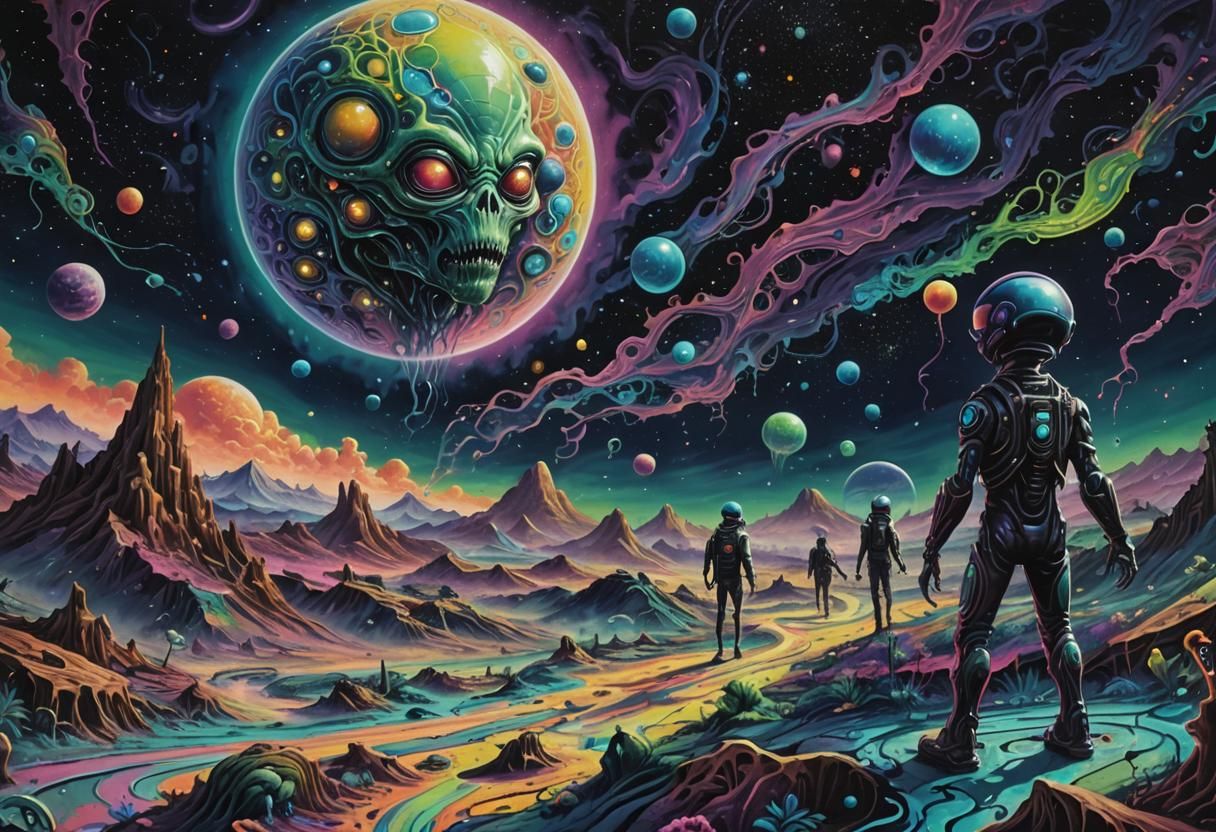 Aliens Explore Iridescent Planet in Surreal Graffiti Art