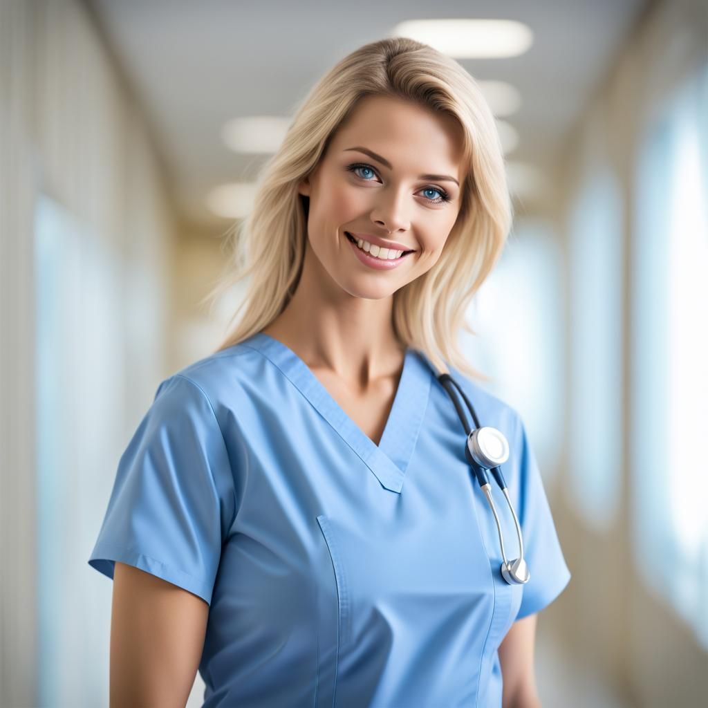 Blonde Nurse with Open Blouse in Hospital