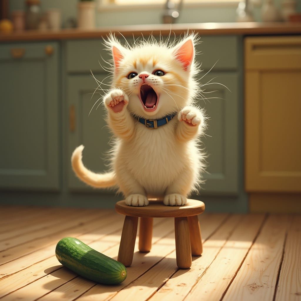 Fluffy Kitten Scared of Cucumber in Kitchen