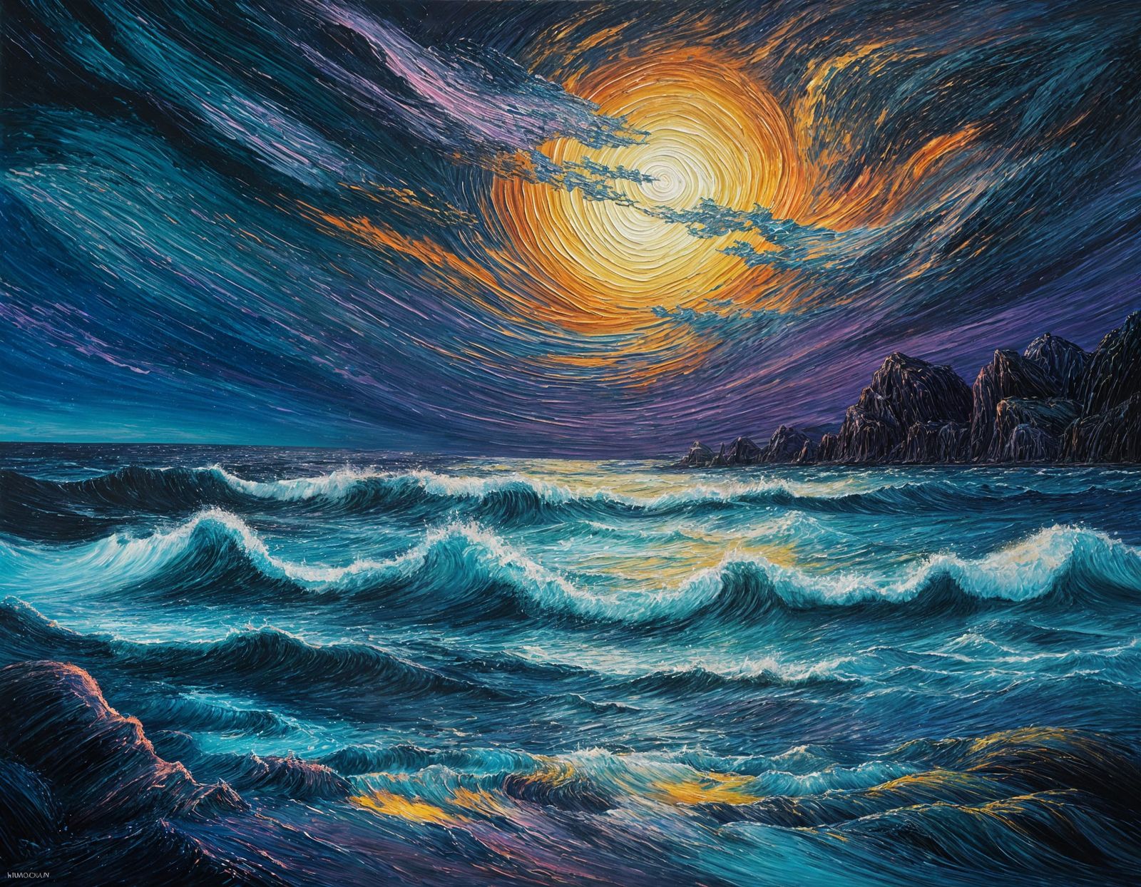 Bioluminescent Waves Under Midnight Sky: An Impasto Painting