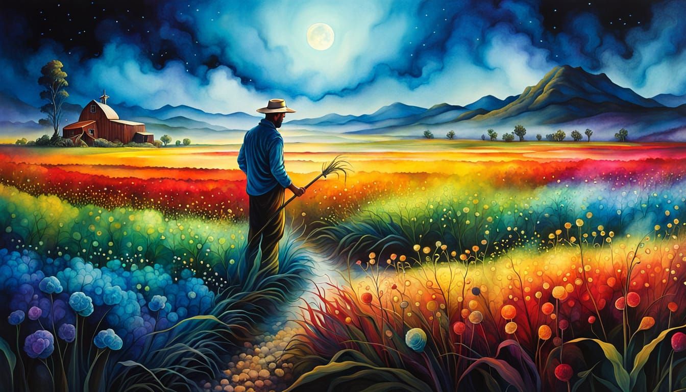 Alien Farmer Tends Glowing Crops in Misty Field