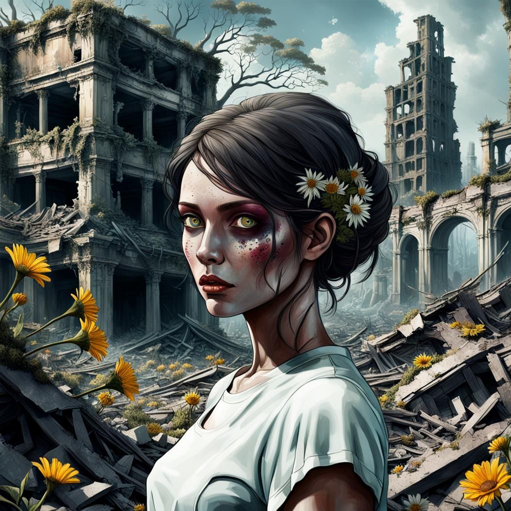 Dystopian Beauty: Woman Half-Tree in Ruined City