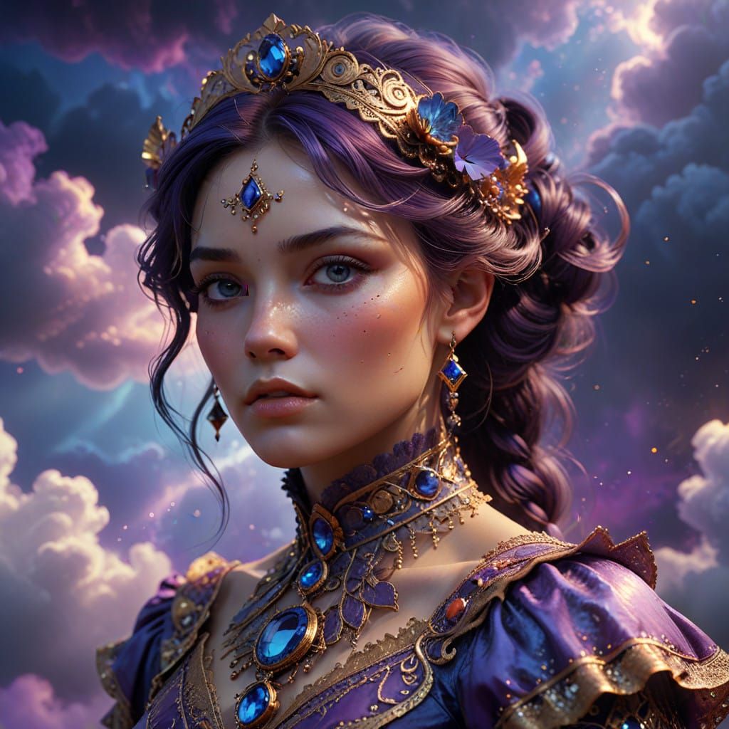 Ethereal Victorian Goddess in Vibrant, Swirling Clouds