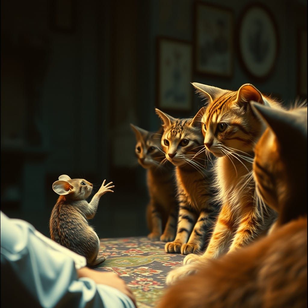 Mouse Teaches Defeated Cats in Cinematic Oil Painting
