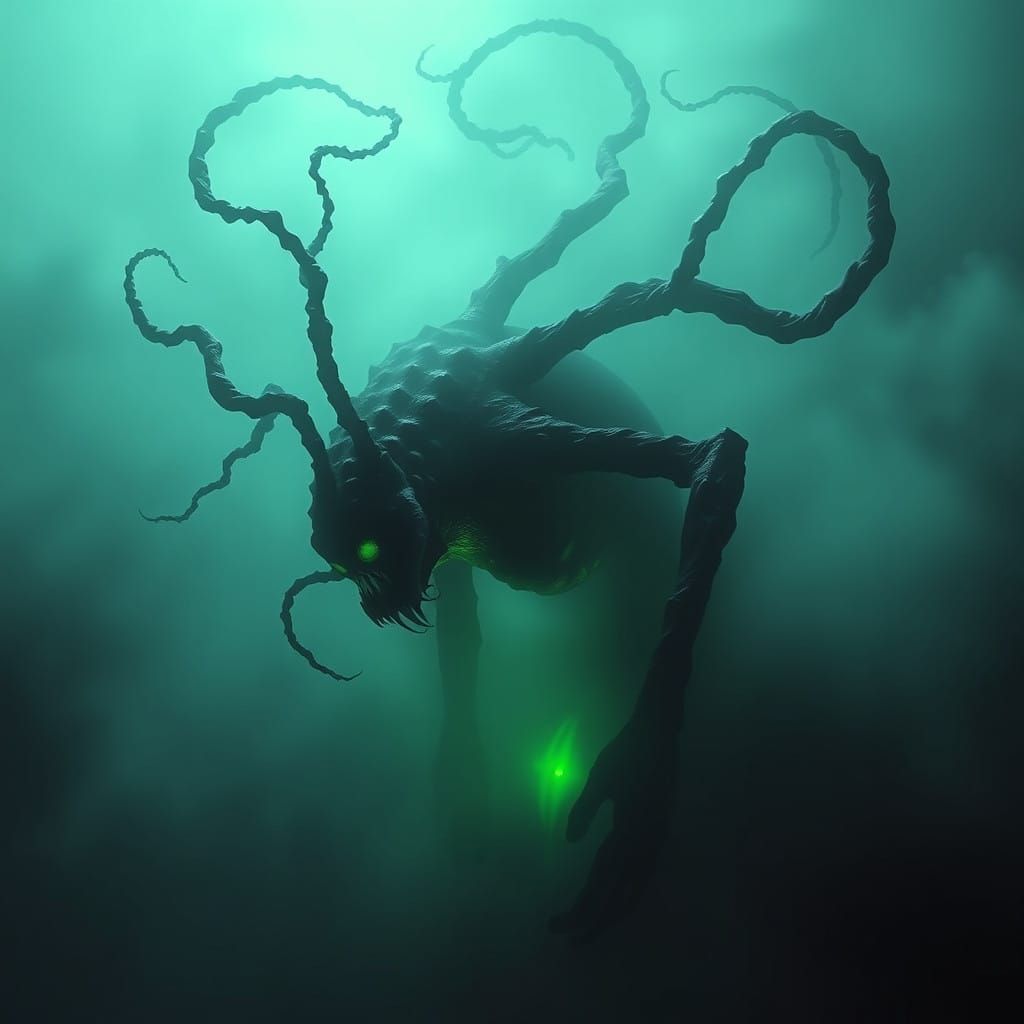 Gothic Horror Creature Emerges from Dark Fog